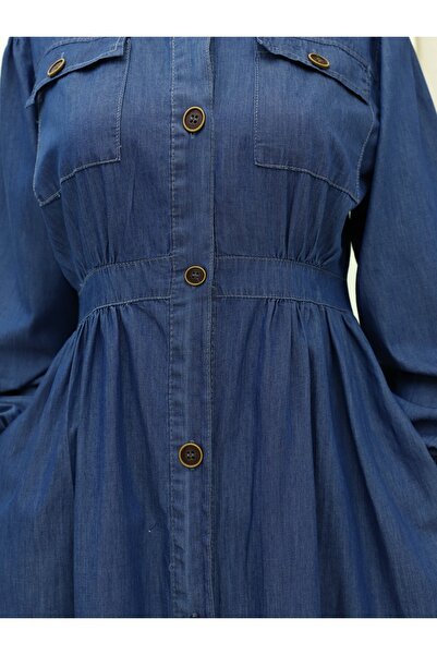 Modamorfo Джинсове плаття з гумкою на рукавах, ґудзиками по всій довжині та двома кишенями - індиго