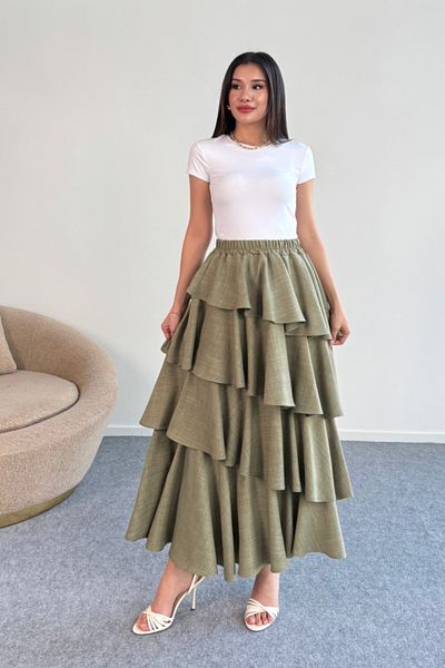 Hatun Atila Fusta cu volane din țesătură de in Filament 5193 Kaki