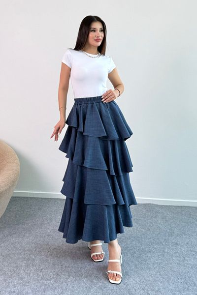 Hatun Atila Fusta cu volane din țesătură de in Filament 5193 Indigo