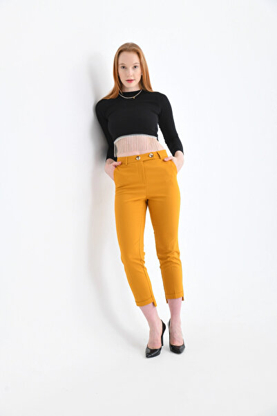 Park Karon Women's Mustard Leg Detailed Fabric Trousers