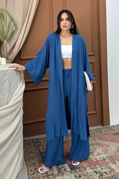 msm fashion Seersucker Women's Kimono Set with Slit Detail