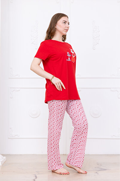 MyRia Women's Rabbit Patterned Pajama Set Red