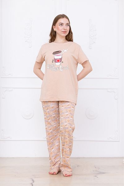 MyRia Women's Coffee Patterned Pajama Set Beige
