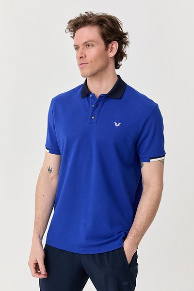 bilcee Men's Sax Cotton Polo Collar Short Sleeve T-Shirt 9710