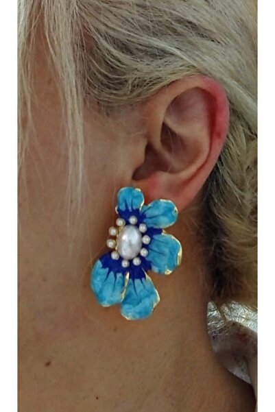 mos&more Mavi Mineli yarım Çiçek Şık Kadın Küpe