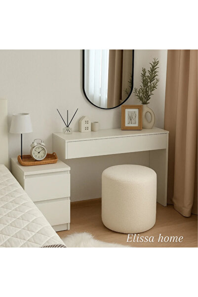 elissa home Makyaj Pufu Teddy Kumaş Kırık Beyaz Ayak Uzatma Pufu Tabure Bench