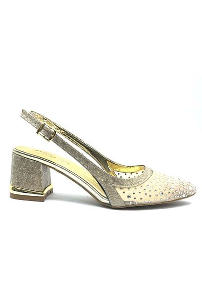 KCMN Feles Open Back Transparent Stone Detailed Cinderella Women's Short Heeled Shoes Gold
