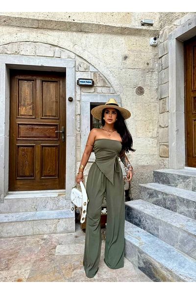 POP STORY Women's Strapless Tie-Up Asymmetrical Cut Blouse and Wide Leg Pants
