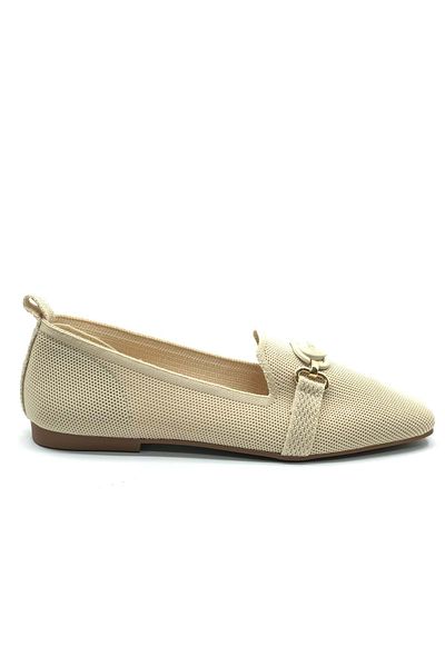 KOCAMANLAR Feles Blunt Toe Heart Buckle Detailed Women's Ballerina Shoes Beige
