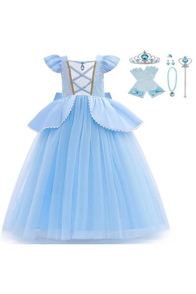 Funny Party Shop Girls' Cinderella carnival costume with bow and accessories, 7-8 years, 122-130cm