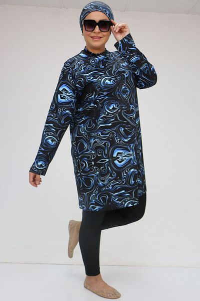 Eslina 1727 Model Large Size Long Sleeve Hijab Swimsuit Set with Leggings - Aqua Blue