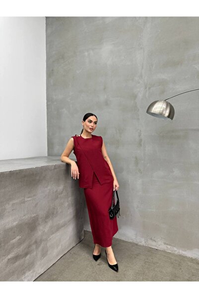 Semesia Жіночий бордовий льняний піджак і спідниця