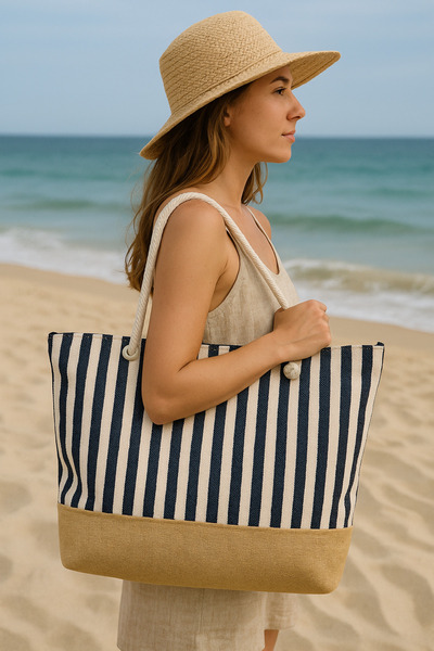 MUCCE حقيبة شاطئ نسائية مخططة باللون الأزرق الداكن مقاس كبير بسحاب 52 × 38 سم