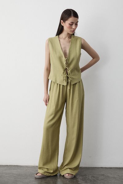 Laluvia 8486 Khaki 100% Cotton Three Lace Vest Pants and Muslim Suit