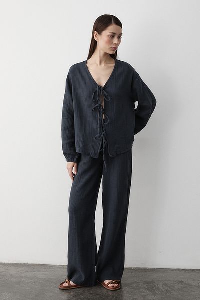Laluvia Anthracite 100% Cotton Tie-Up Blouse Trousers Set - 8502