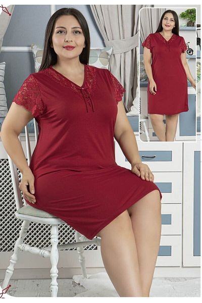 quilling Burgundy Color Short Sleeve Lace Detail Jenika 42593 Plus Size Tunic Nightgown Dress