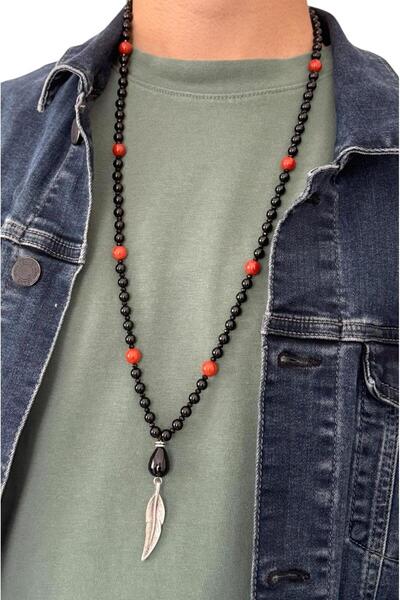 6 Mm Hakiki Oniks & 8 Mmm Kırmızı Jasper Doğaltaş Uzun Erkek Kolyesi 70-80 Cm
