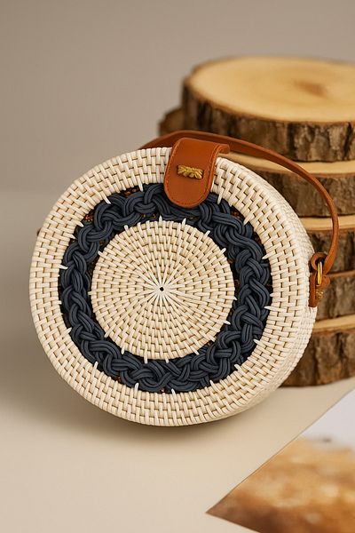 SepetçiBaba Round Rattan Straw Bag Round Patterned