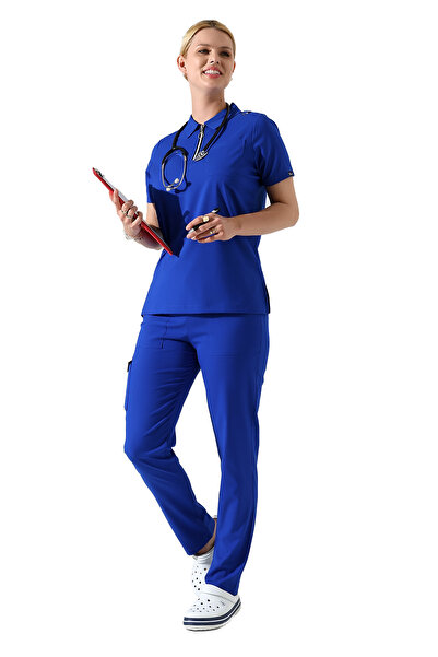 BEDUCA مجموعة سراويل ساكس الزرقاء من الليكرا بياقة بولو وسحاب، زي موحد لمراكز...