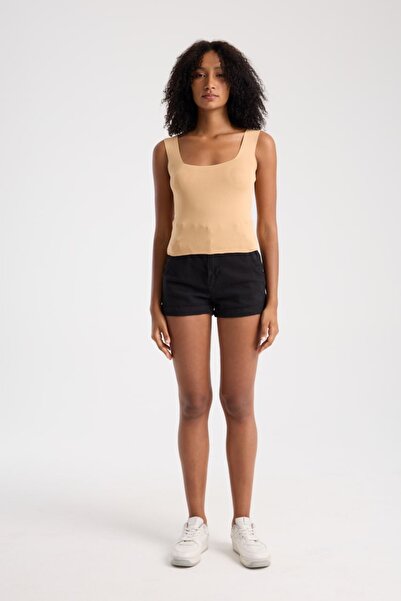 İLKCET MODA Γυναικείο πλεκτό αμάνικο Crop με τετράγωνο λαιμό