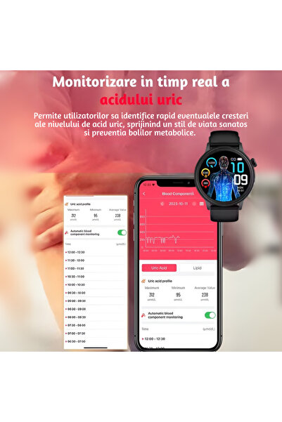 Lommad ® Smartwatch, 1.39" Display, Uric Acid Monitoring, Blood Sugar, Blood Pressure, Black
