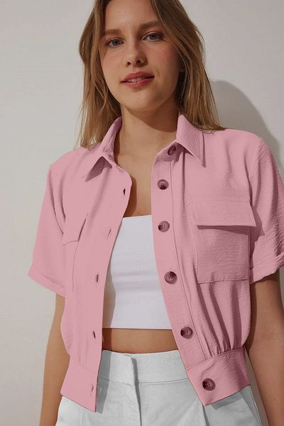 hazelin Cămașă crop pentru femei Dusty Rose - mânecă scurtă cu buzunare și nasturi, vară HZL22S-BD 106631