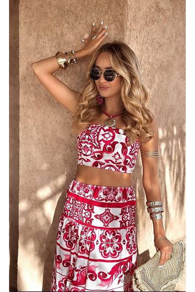 Kashaya Women's Patterned Two-Piece Suit: Crop Top and Long Skirt