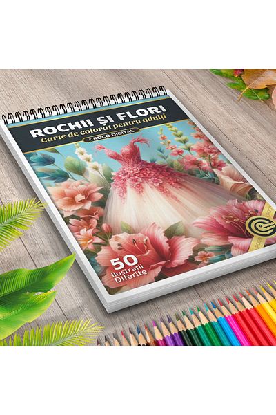 OEM Adult Coloring Book, Dresses and Flowers, 50 Antistress Illustrations for Relaxation
