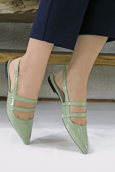 Odie Collection Women's Double Elastic Band Stone Buckle Detailed Pointed Toe Patent Leather Ballerinas
