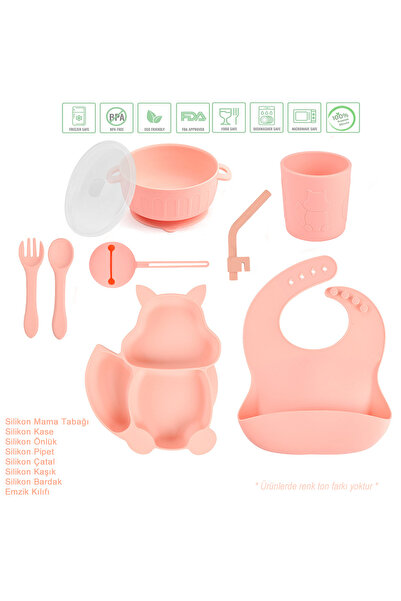 jojobebek Silikon Beslenme Seti Mama Tabağı, Kase, Önlük, Pipet, Çatal-kaşık, Bardak, Emzik Kılıfı / Pembe