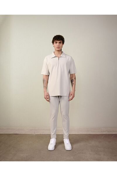 İLKCET MODA Ανδρικό μπλουζάκι με φερμουάρ Grey Ottoman oversized