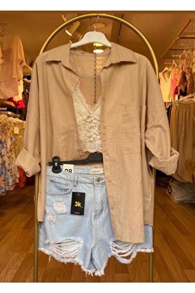 İDA ACCESSORY Kadın Oversize Standart Beden % 100 Pamuk Keten Ince Gömlek