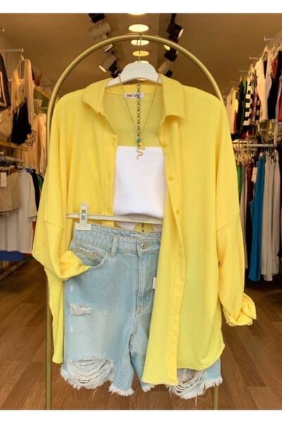 Genel Markalar Kadın Oversize Standart Beden % 100 Pamuk Keten Ince Gömlek