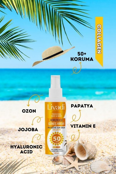 livadi High Protection Sun Cream - SPF 50, Collagen, Ozone, Jojoba Chamomile and Hyaluronic Acid 100ml