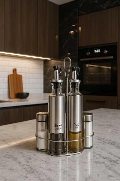 Fame Kıtchen طقم وعاء زيت زجاجي معدني مع حامل