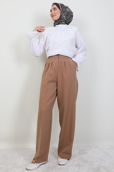 GİYZAMİLA Elastic Waist Buttoned Trousers Milk Coffee