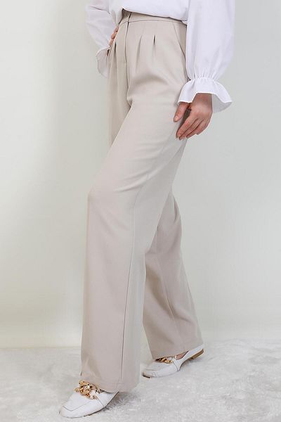 GİYZAMİLA Elastic Waist Button Trousers Beige