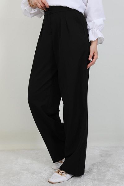 GİYZAMİLA Elastic Waist Button Trousers Black