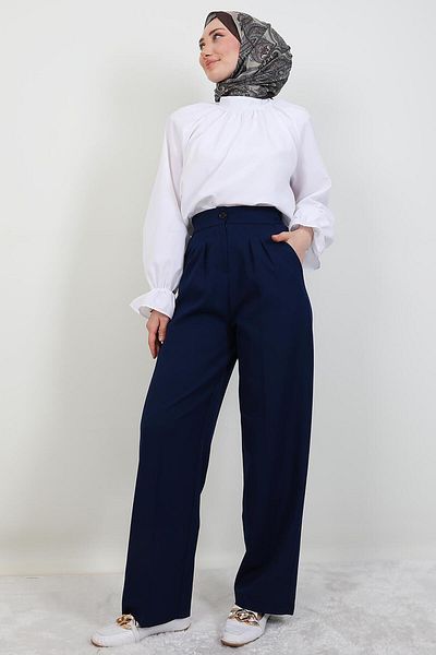 GİYZAMİLA Elastic Waist Buttoned Trousers Navy Blue