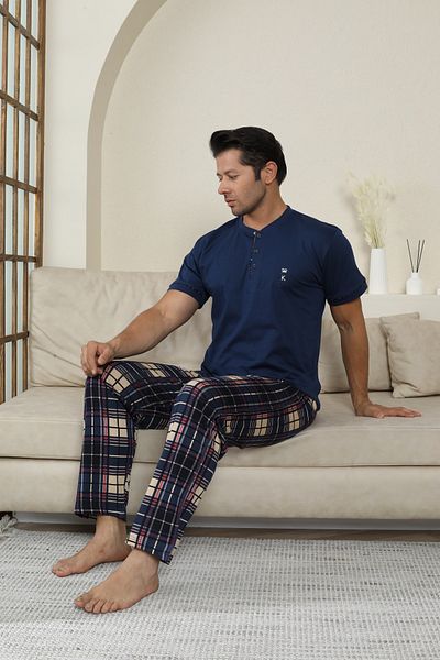 KAPİTEX Men's Short Sleeve, Bottom Long Placket Button, with Pockets 100% Cotton Indigo Color Father's Day Pajamas Set