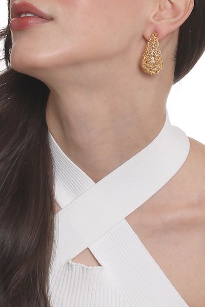 LABALABA Women's Filigree Look Flower Motif Studded Model Drop Form Earrings Gold