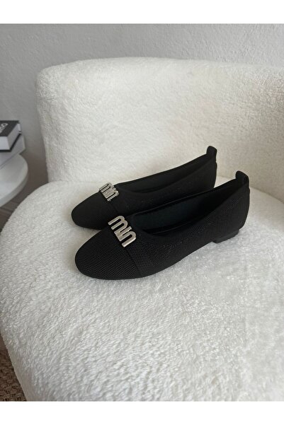 ZİESCE Women's Black Silver Buckle Knitwear Ballet Shoes