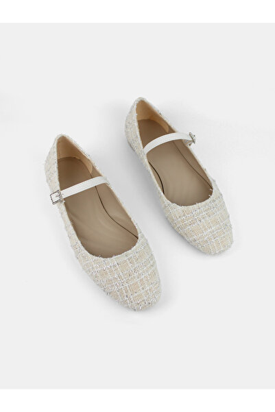 MAGGIO Cream Tweed Fabric Women's Ballerina Ballet Shoes Narrow Fit Take One Size Larger