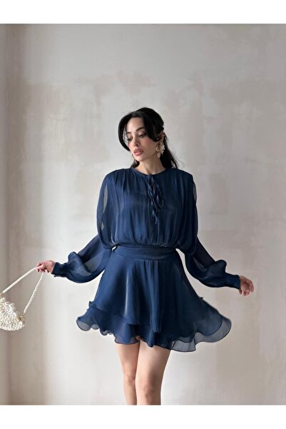Rabia Çelik Kadın Lacivert Göğüsü Bağlamalı Eteği Katlı Mini Elbise