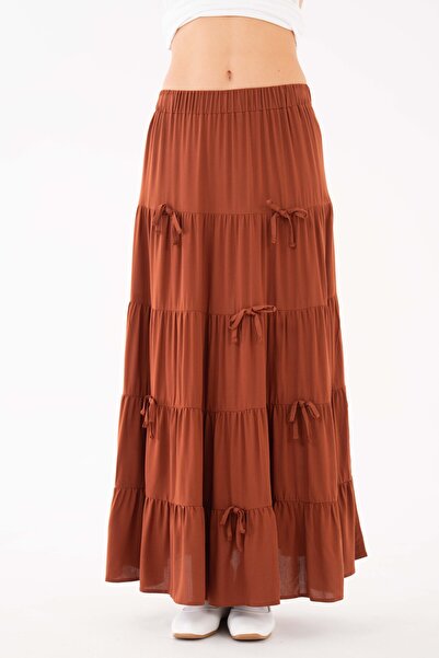 Saade Brown Bow Detailed Elastic Waist Layered Gathered Woven Skirt