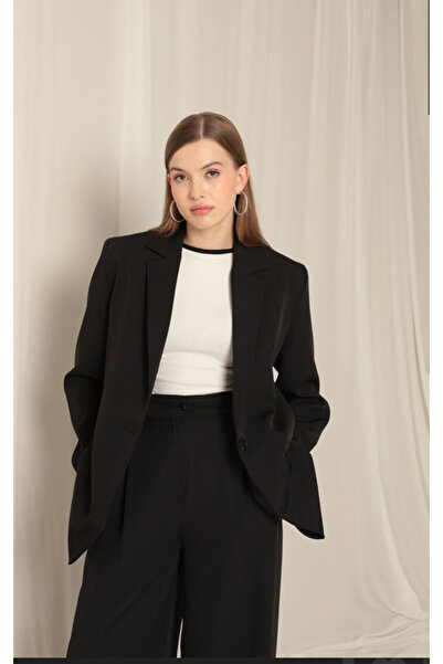 Kaktüs Kadın Atlas kumaş siyan blazer ceket palazzo pantolon takım elbise