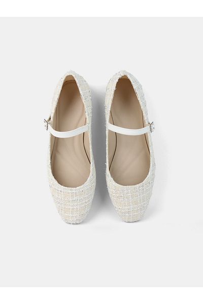MAGGIO Cream Tweed Fabric Women's Ballerina Ballet Shoes Narrow Fit Take One Size Larger