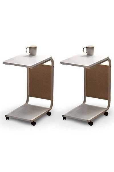 Taimi 2-Piece Modern C-Shaped Laptop Table with Wheels and Side Pocket - White