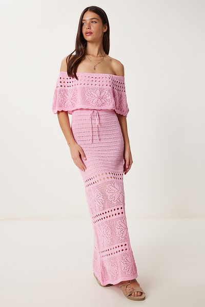 Lovelyİstanbul Καλοκαιρινό πλεκτό φόρεμα Carmen Collar Openwork PINK LKİ0031