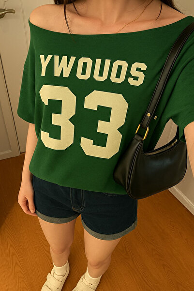 Machetta Women's Boat Neck Oywouos Printed Oversize 100% Cotton T-Shirt